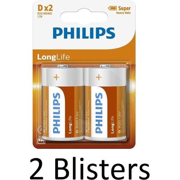 4 Stuks (2 Blisters a 2 st) Philips Longlife Zinc D Batterijen