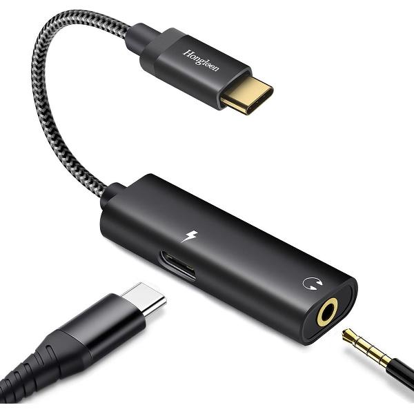 iKaku - Hongloon 2 in 1 USB-C naar 3.5mm AUX Jack en USB-C Adapter - Nylon - Zwart