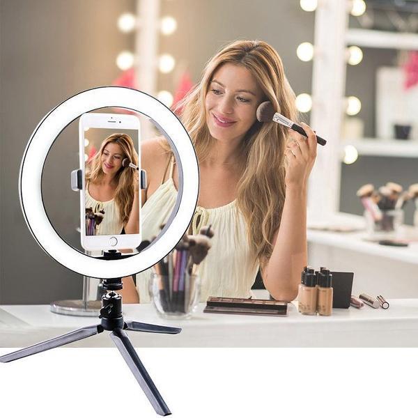 LED Ringlamp - ringlamp met statief - smartphone - telefoon - dimbaar - tiktok, youtube, instagram - laptop - camera - professioneel - bluetooth afstandsbediening - usb - 26 cm/10 inch - vlog - make-up - studiolamp - selfie - video - ringlight