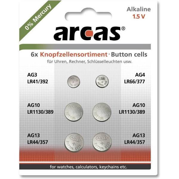 Arcas Alkaline knoopcelbatterijenset, 0% HG, 6 stuks