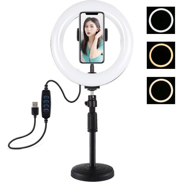 PULUZ 7.9 inch 20cm Licht + ronde basis Desktopmontage USB 3 standen Dimbaar Dubbele kleurtemperatuur LED Gebogen lichtring Vlogging Selfie Fotografie Videolichten met telefoonklem (zwart)