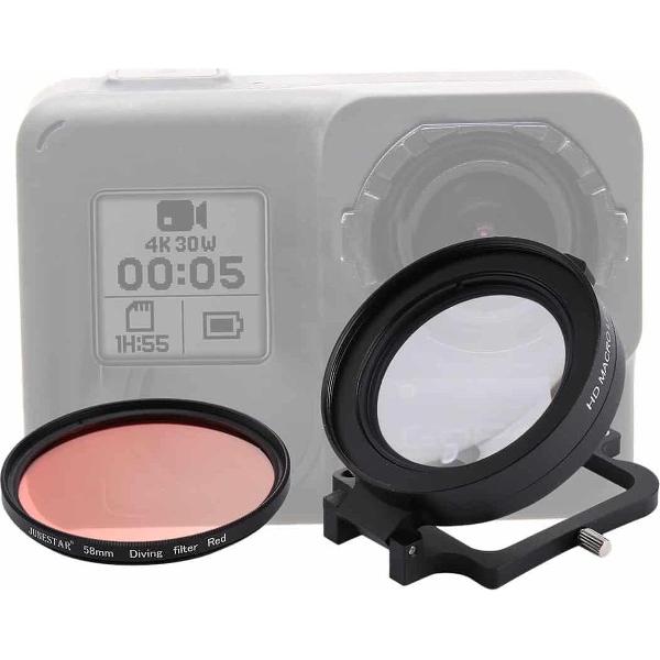 58mm 16x macrolens + rode duiklensfilter met lensdop + lensfilterringadapter + snoer + reinigingsdoekje voor GoPro HERO6 / 5