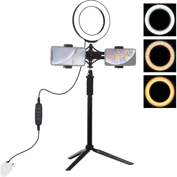 PULUZ Statiefbevestiging + Verlengstang + Live Broadcast Dual Phone Bracket + 6.2 inch 16cm LED Ring Vlogging Video Light Kits
