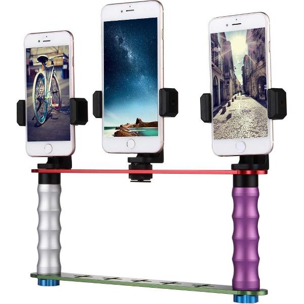 Smartphone Live Broadcast Bracket Dual handbediende Selfie Module Mount Kits met 3x telefoonclips, voor iPhone, Galaxy, Huawei, Xiaomi, HTC, Sony, Google en andere smartphones