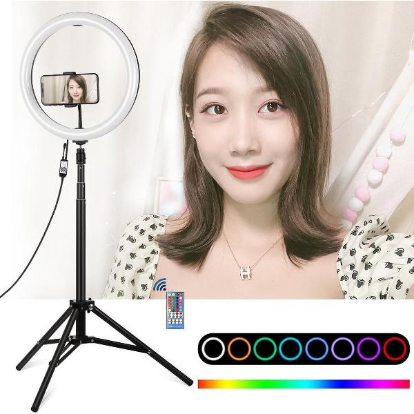 PULUZ 11,8 inch 30 cm RGBW-licht + 1,65 mbevestiging Gebogen oppervlak RGBW Dimbare LED-ring Vlog licht Live uitzendingskits met koude schoen Statiefadapter & telefoonklem & afstandsbediening (zwart)