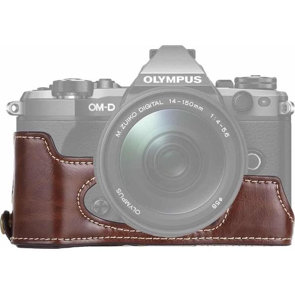 1/4 inch draad PU lederen camera half behuizing basis voor Olympus EM5 / EM5 Mark II (koffie)