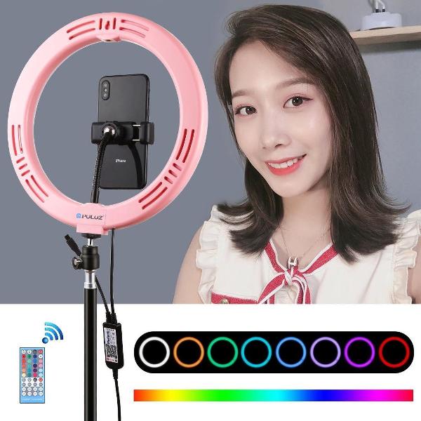 PULUZ 10,2 inch 26 cm gebogen oppervlak USB RGBW dimbare LED-ring Vlogging fotografie videolichten met koude schoen Statief Balhoofd & afstandsbediening & telefoonklem (roze)