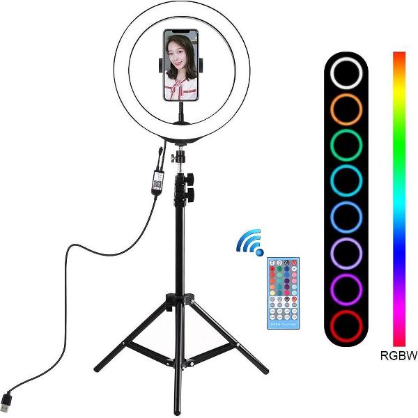 PULUZ 1,1 m statiefbevestiging + 10 inch 26 cm RGBW LED-ring Vlogging videolamp Live uitzendingskits met afstandsbediening en koude schoen Statief Balhoofd en telefoonklem (zwart)