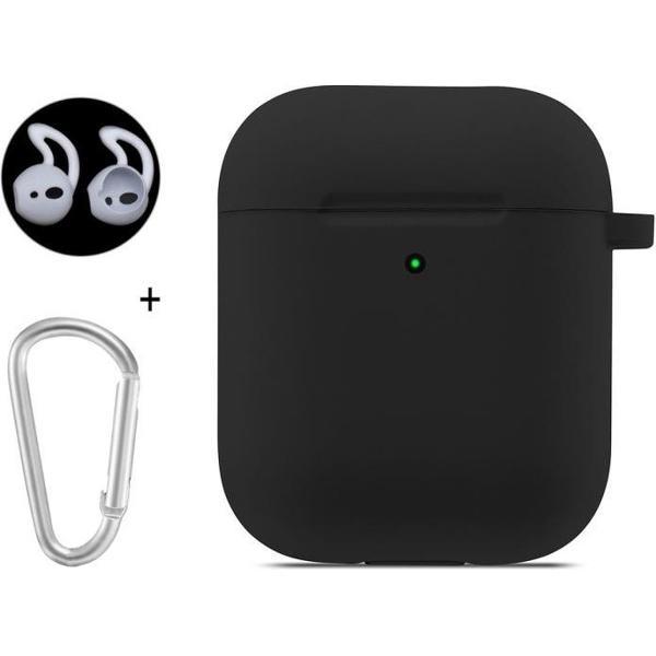 ENKAY Hat-Prince voor Apple AirPods 1/2 draadloze oortelefoon siliconen zachte beschermhoes met karabijnhaak en een paar oordopjes (zwart)