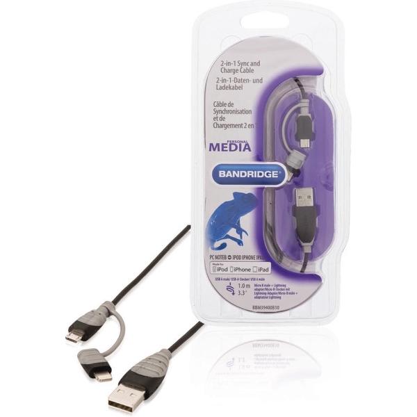 Bandridge BBM39400B10 2-in-1 Data En Oplaadkabel Usb Micro-b Male + Lightningadapter - A Male 1.00 M Zwart