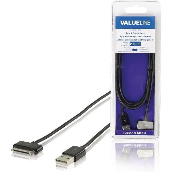 Valueline VLMB39100B20 Sync & Charge-kabel voor Ipad / Iphone / Ipod Apple 30-pins - Usb 2.0 A Mannelijk Zwart 2,00 M