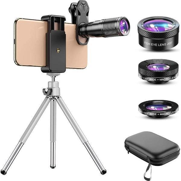 DrPhone APEX - APL6 Telefoon lens kit - 6 in 1 - 22x telelens, 205 ° fisheye-lens, 120 ° groothoeklens en 25x macrolens - voor IOS / Android smartphones O.a iPhone en Samsung