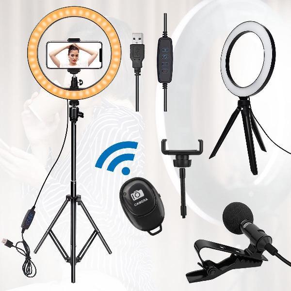 LED Ringlamp met statief, bureau tripod, microfoon voor iPhone (lightning), telefoonhouder en bluetooth afstandsbediening |vlog set | 26 cm/10 inch ringlamp | 210cm (verstelbaar) | USB | TikTok | YouTube | Vlog | Ringlight | flitser | Make-up light
