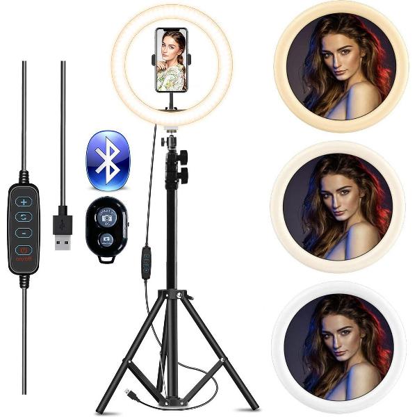 BLANC SQUARE® LED Ringlamp met Statief smartphone - 90 cm verstelbaar 10 inch - Ringlight - Ring lamp - TikTok - Instagram - Bluetooth afstandsbediening
