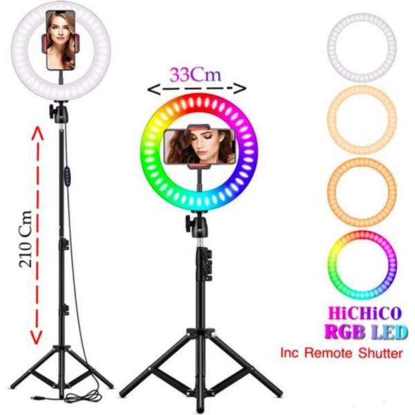 Selfie LED Ring Lamp met Kleuren 33Cm / RGB LED + Statief Tripod Camera 210 CM hoog Inclusief Bluetooth afstandsbediening en Telefoonhouder Smartphone – LTP Trading