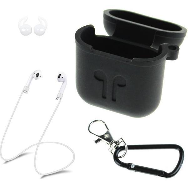 silicone case geschikt for Apple Airpods – 3 in 1 set hoes / strap / earhooks – zwart