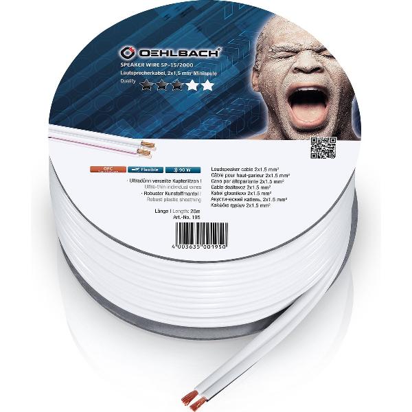 OEHLBACH Luidsprekerkabel 2 x 1,5 mm² minihaspel 20 meter Wit