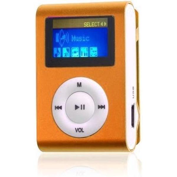 Mini clip MP3 speler FM radio met display Oranje en in-ear koptelefoon