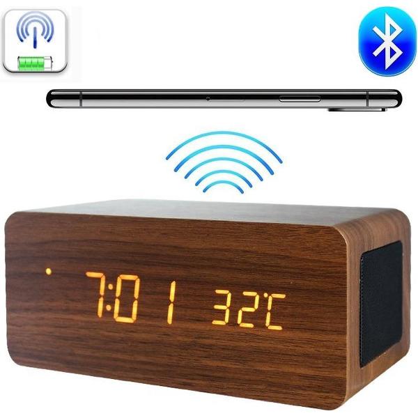 Houten wekker | Houten Qi-charger | Houten Bluetooth speaker| Houten klok - Bruin | Draadl