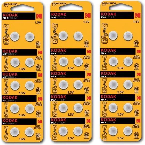 Kodak Max Lithium G10 / LR54 / 189 / AG10 knoopcel batterij - 30 Stuks (3 Blisters a 10St)