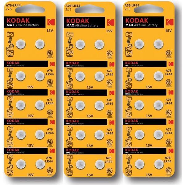 Kodak AG13/LR44/76A/V13GA/A76 1.5v Alkaline knoopcel batterij - 30 Stuks (3 Blisters a 10St)