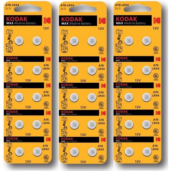 Kodak AG13/LR44/76A/V13GA/A76 1.5v Alkaline knoopcel batterij - 30 Stuks (3 Blisters a 10St)