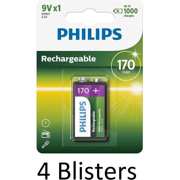 4 Stuks (4 Blisters a 1 st) Philips Oplaadbare 9V batterij - 170mAh
