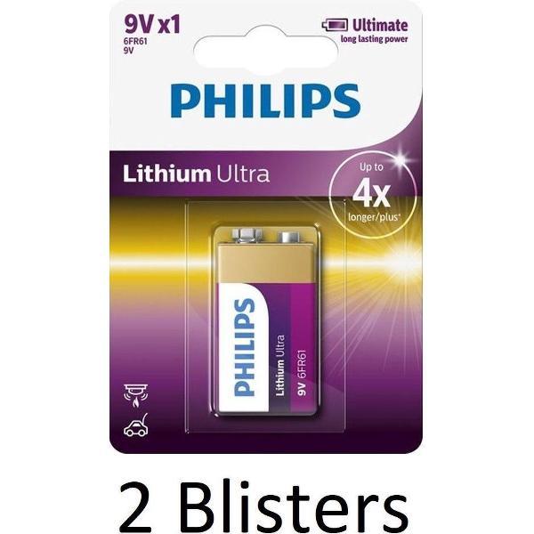 2 Stuks (2 Blisters a 1 st) Philips 9V Lithium Ultra Batterij
