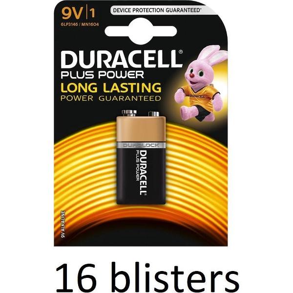 Duracell Plus Power 9V Alkaline Batterij -16 Stuk (16 Blisters a 1 st)