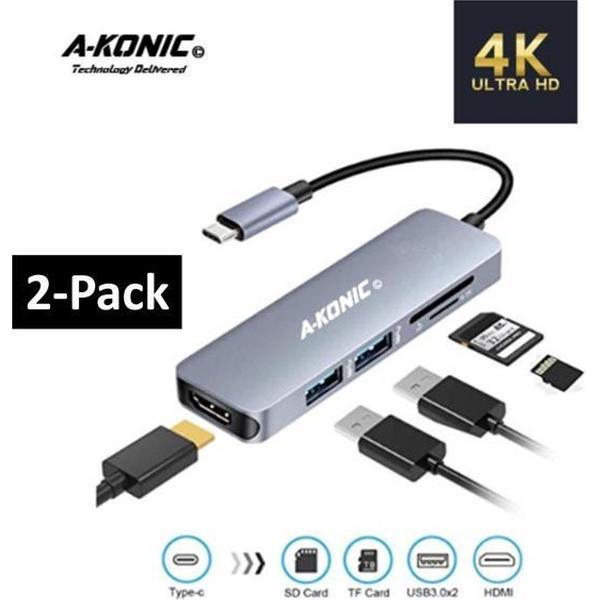 Set van 2 stuks| 5 in 1 USB C naar HDMI 4K, 2x USB 3.0 (thunderbolt), usb-c opladen, SD card reader Hub | Type c adapter to HDMI 2* USB-A, type-c charging & kaart lezer | Apple Macbook | IMAC | Surface | XPS | Dell | Lenovo | Samsung |HP| A-KONIC©