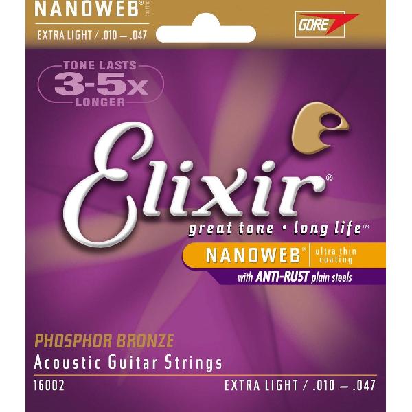 Elixir 16002 Snaren voor akoestische gitaren 6 Akoestische fosfor Bronze Nanoweb Coating Extra Light