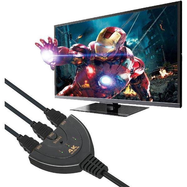 4K HDMI 1.4 Splitter Switch - 3 in naar 1 uit - 4K 1080p Ultra HD - 3D - ARC - High Speed Internet 10.2Gbit/s Indicatie LED + Pigtail - Zwart - DigiTech® NIEUWE VERSIE 1.4B ALS BESTE GETEST