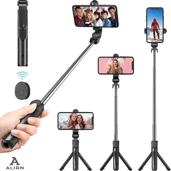 Universeel Tablet & Smartphone Statief met Bluetooth Afstandsbediening - Telefoon Tripod - Telefoonhouder - Telefoonstatief - Verstelbaar - Inklapbaar - Bluetooth Selfiestick - 360° Flexibel - Alian