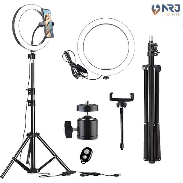 NRJ Ringlamp Incl. Statief Smartphone - LED Ringlight - Ringlicht - Met Bluetooth Afstandsbediening - 26 cm/ 10 inch - 200 cm hoog - Tiktok Lamp