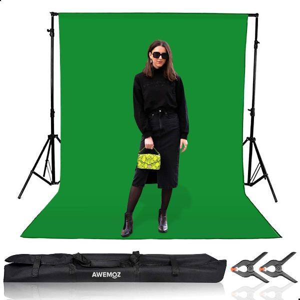 AWEMOZ® Green Screen Doek 300 x 300cm met Achtergrondsysteem - Achtergronddoek - Fotostudio - Green Screen Studio - 2x Luxe Klemmen