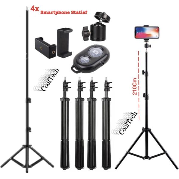 4x Camerastatief 210Cm Voor Fotocamera en Smartphone - iPhone - Canon - Nikon - Spiegelreflexcamera Inc. Bluetooth Remote Shutter, Telefoonhouder, 360 ° Draaigreep horizontaal CoolTech