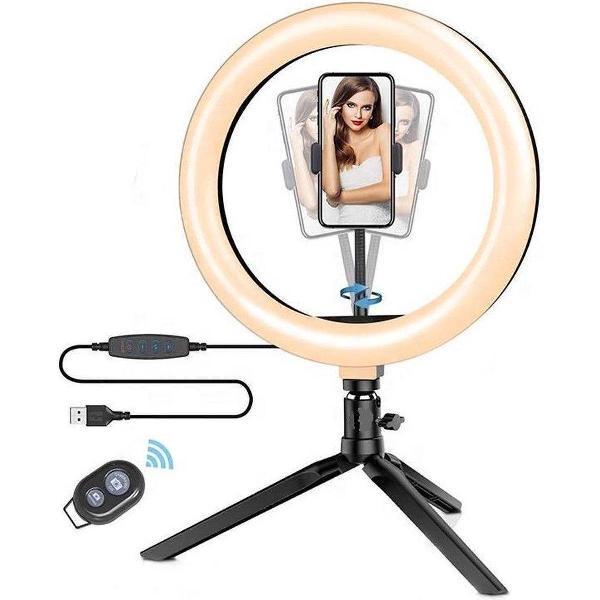 FEDEC Tripod met 10 Inch verlichtingsring - Met microfoon, tripod en smartphonehouder - Met afstandsbediening