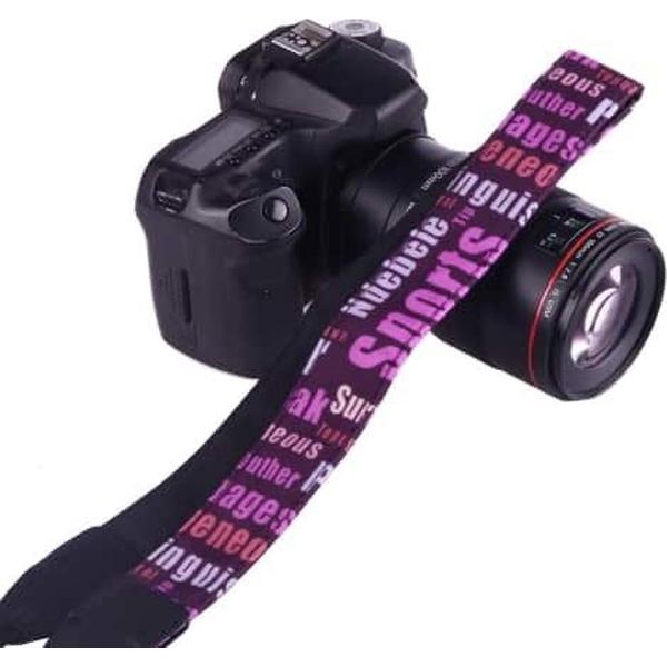 LYNCA LH-04 Britse Stijl Serie Paarse Achtergrond Engelse Woorden Universele Lederen Schouder Draagriem Camerariem voor Nikon / Canon / Sony / Panasonic / SLR DSLR ILDC