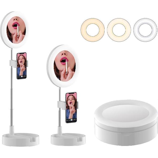 Ringlamp - Inklapbaar tot Doos - Selfie Light LED - Opbergbaar - Ringflitser - Met Spiegel - 3 lichtstanden - Mee te nemen in de Tas - voor TikTok / Instagram / Make Up / Fotostudio / Lezen