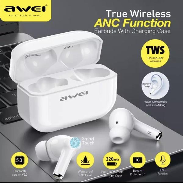 AWEI TA1 2021 TWS Draadloze Earbuds Met Microfoon - Bluetooth 5.0 - Active Noise Cancelling ANC - Spelmodus - HiFi-Bas - Waterdicht IPX4 - Wit