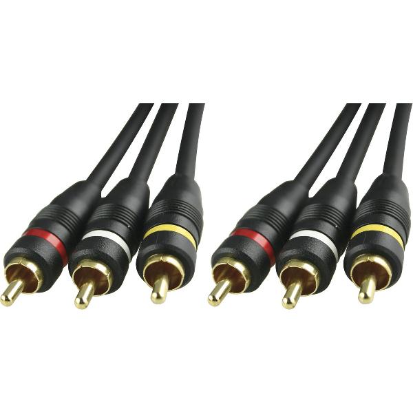 DELTACO MM-28D Audio / video kabel 2x 3 RCA, 10 meter, verguld, Zwart