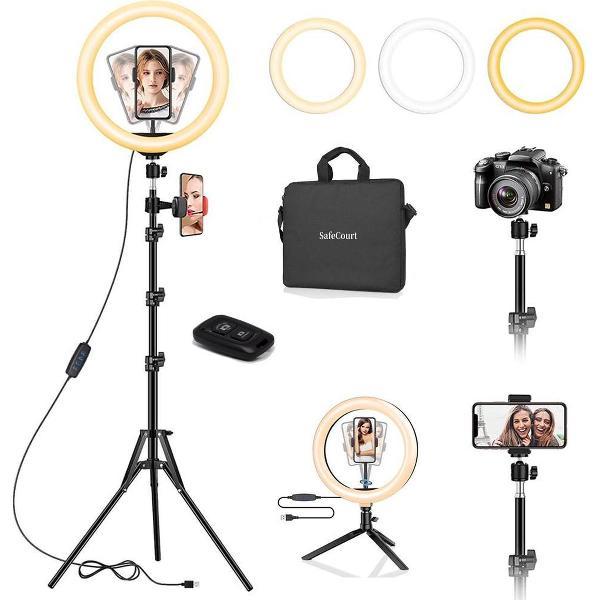 Safecourt - Ringlamp - Verstelbaar statief - Groot en klein statief - Opbergtas - Verschillende kleuren en intensiteiten - Ringlight - USB flitser - Tiktok lamp - Studio lamp - Make-up light - Ringlamp met statief