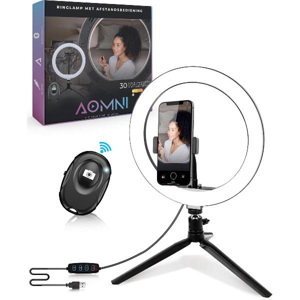 Ringlamp met Statief en Afstandsbediening - Ringlight voor Tiktok - Ring lamp voor Selfies - Ring licht voor Instagram - ⌀ 26cm - Zwart