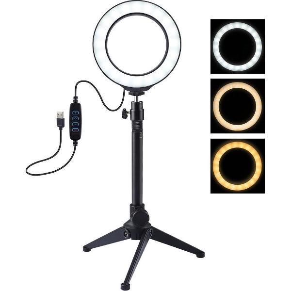 PULUZ 4.7 inch 12cm USB 3-standen Dimbare LED-ring Vlogging Fotografie Videolampen + Desktopstatiefhouder met koude schoen Statief Balhoofd
