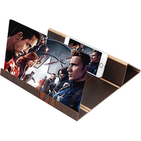 Smart Zoomer | Vergrootglas voor je Smartphone - Vergrootglas telefoon - Telefoonscherm vergrootglas voor video's en films - Schermvergroter Telefoon - Home Cinema - 3D - Gebogen - Mobiel vergrootglas - Vouwbaar houder - Donker bruine Hout - 14 inch