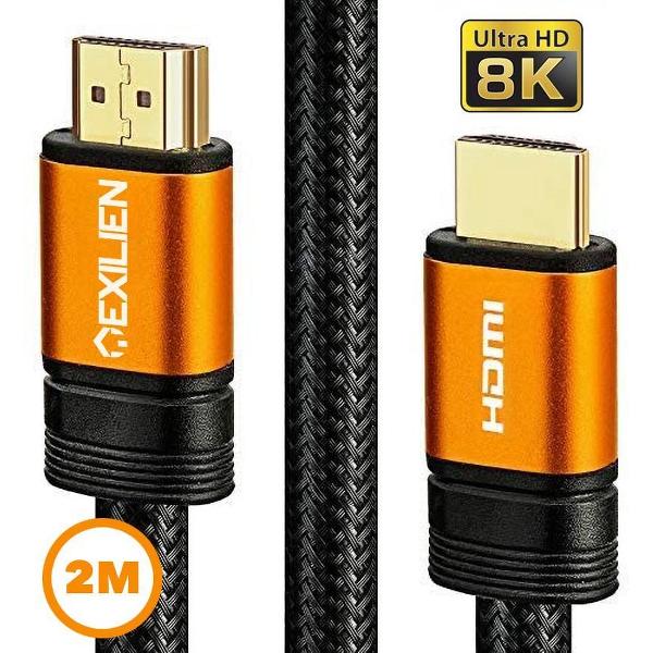 Exilien Premium 8K Ultra HD 48Gbps High Speed HDMI 2.1 Kabel – HDMI 1.4 en 2.0 backward- Met HDMI Ethernet Channel (HEC) en eARC Ondersteuning - Nylon Bedrading met 24K Gold Plated Contacts - PS5 en Xbox Series X Ondersteuning- 2 meter