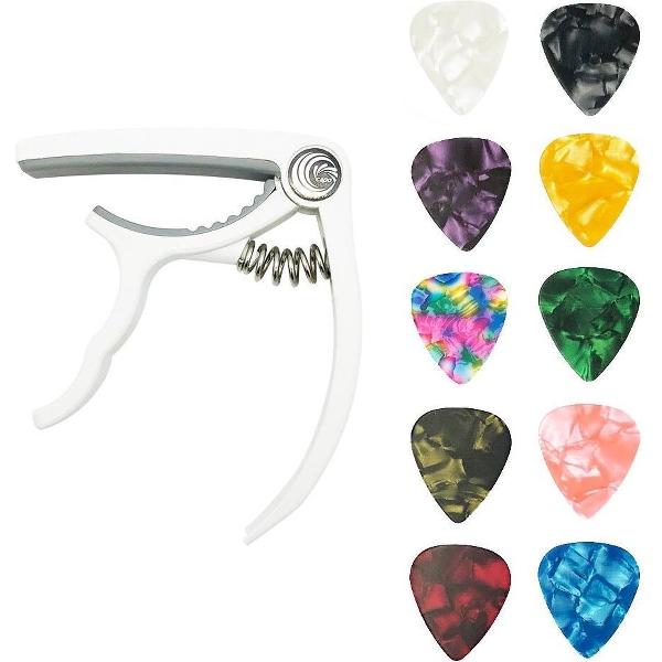 Gitaarklem Capo Snaren - Gitaar - Muziek - Instrument - Akoestisch - Elektrisch - 10 stuks Gitaar Picks - 10 stuks Gitaar Plectrums - Wit
