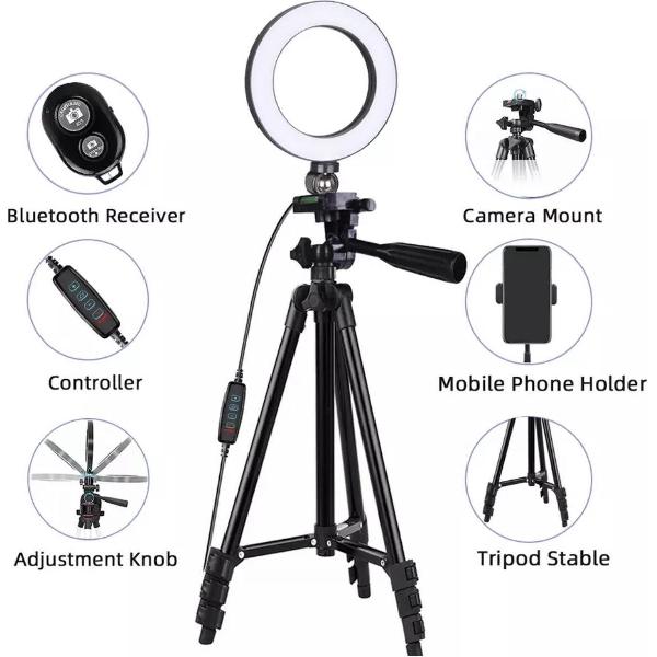 Selfie LED Ring Light 20CM met Tripod Camera Statief 102 Cm Hoog Zwart + Bluetooth Shutter afstandsbediening en Telefoonhouder Smartphone, Ring lamp en Statief, Ring Lamp – Ring Light - flitser - Make-up light – Studiolamp – HiCHiCO