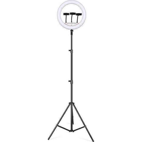 Ringlamp met Statief voor 3 Smartphones - Draaibare Ringlight met Statief 14 inch / 36 cm - Dimbare Ringlamp - In Hoogte Verstelbare Ring Lamp tot 200 cm