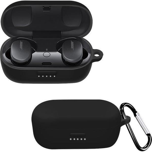 Luxe Siliconen Hoesje Voor Bose QuietComfort Earbuds Draadloze Oordopjes - Soft Case Cover Protector - Travel Beschermhoes - Reis Opberghoes Shell Beschermer Hoes - Met Musketon Haakje - Zwart